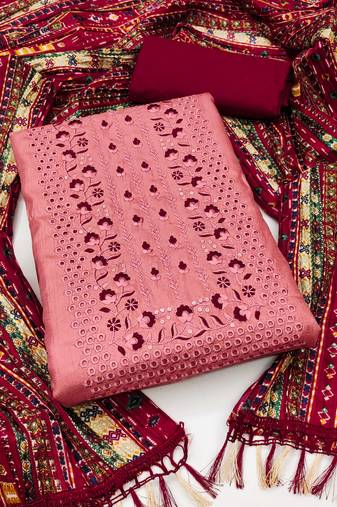 Women's rust unstitched heavy thread embrodiery with designer bandhani print dupatta zora silk dress material (mt508rst)