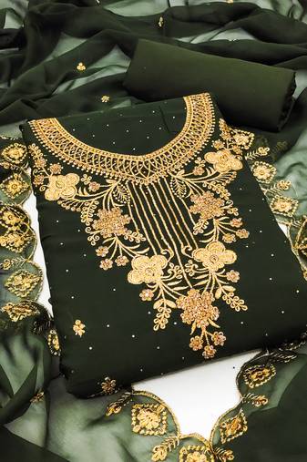 Women's green unstitched heavy zari embrodiery with embroidered dupatta georgette dress material 