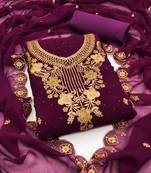 Women's purple unstitched heavy zari embrodiery with embroidered dupatta georgette dress material
