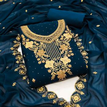 Women's teal blue unstitched heavy zari embrodiery with embroidered dupatta georgette dress material  1