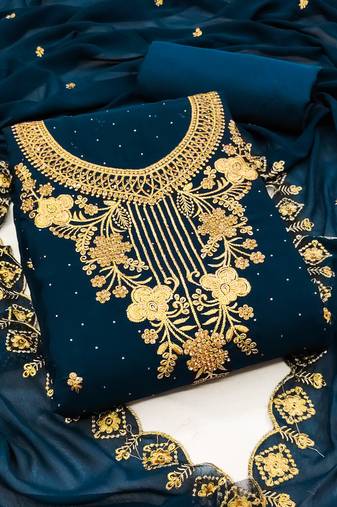 Women's teal blue unstitched heavy zari embrodiery with embroidered dupatta georgette dress material 
