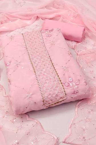 Women's pink unstitched thread sequence embrodiery with designer embroidered dupatta georgette dress material (mt510pnk)