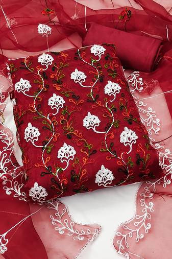 Women's maroon unstitched  chain stitched embrodiery with embroidered dupatta organza dress material 