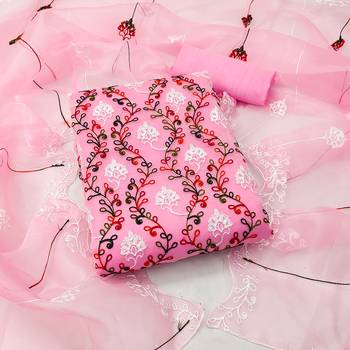 Women's pink chain stitched embrodiery with embroidered dupatta organza dress material 1