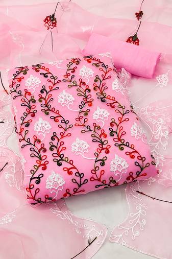 Women's pink unstitched  chain stitched embrodiery with embroidered dupatta organza dress material 