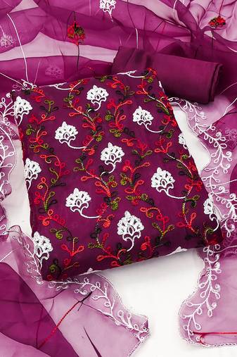 Women's purple unstitched  chain stitched embrodiery with embroidered dupatta organza dress material (mt511ppl)