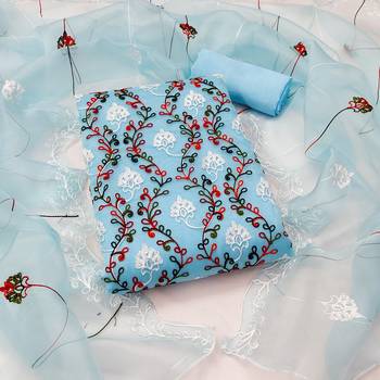 Women's sky blue chain stitched embrodiery with embroidered dupatta organza dress material 1