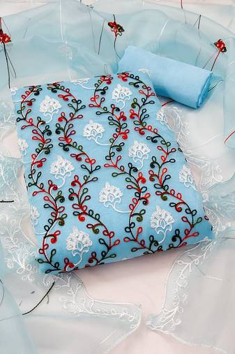 Women's sky blue unstitched  chain stitched embrodiery with embroidered dupatta organza dress material (mt511sbl)