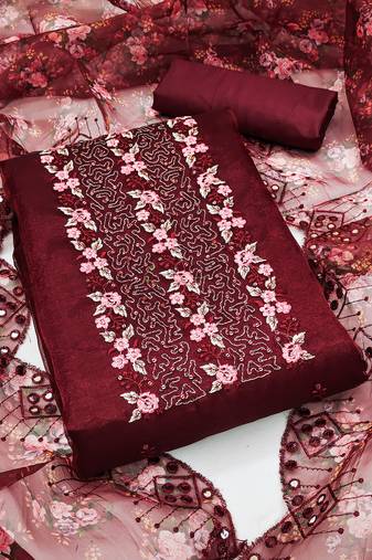 Women's maroon unstitched  sequence embrodiery with designer digital print dupatta organza dress material (mt512mrn)