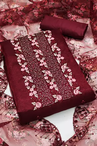 Women's maroon unstitched  sequence embrodiery with designer digital print dupatta organza dress material (mt512mrn)