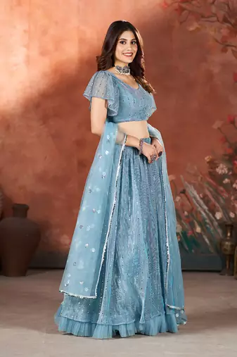 Airforce Blue Sequins Embroidered Lehenga Choli