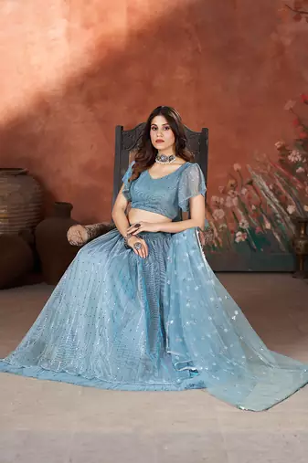 Airforce Blue Sequins Embroidered Lehenga Choli