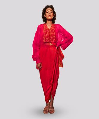 Pink and red ada jacket skirt set 1