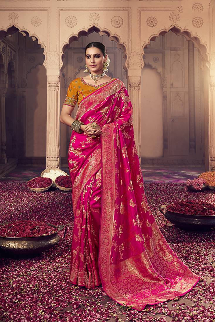 Beige & pink color jacquard weaving dola silk designer saree with blouse