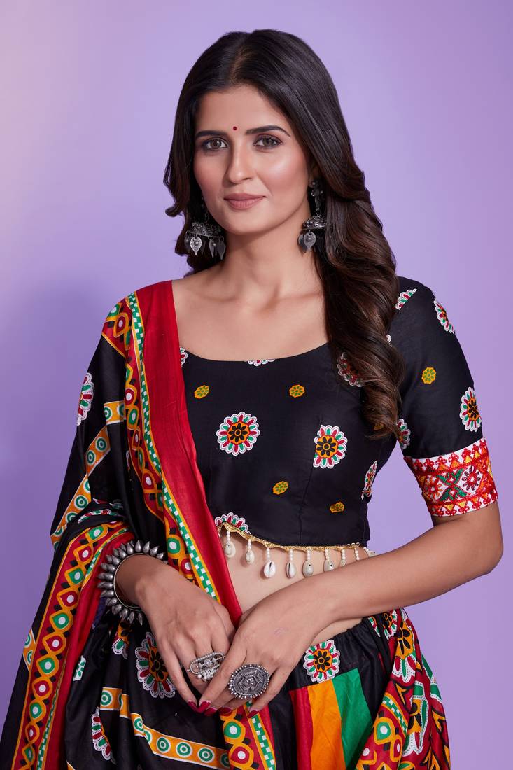 MULTICOLOR HAND BLOCK PRINT PURE COTTON TRADITIONAL NAVRATRI GARBA WEDDING FUNCTION FESTIVAL SEMI STITCHED LEHENGA CHOLI