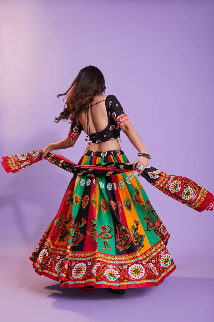 MULTICOLOR HAND BLOCK PRINT PURE COTTON TRADITIONAL NAVRATRI GARBA WEDDING FUNCTION FESTIVAL SEMI STITCHED LEHENGA CHOLI