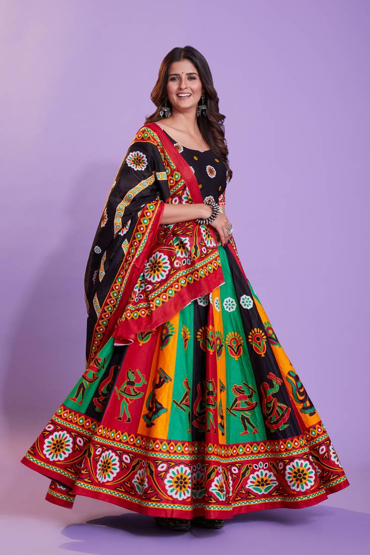 MULTICOLOR HAND BLOCK PRINT PURE COTTON TRADITIONAL NAVRATRI GARBA WEDDING FUNCTION FESTIVAL SEMI STITCHED LEHENGA CHOLI