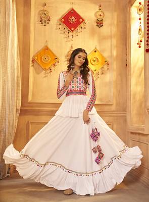 WHITE THREAD EMBROIDERED WITH MIRROR VISCOSE RAYON TRADITIONAL NAVRATRI WEDDING FUNCTION FESTIVAL STITCHED LEHENGA CHOLI 1