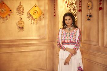WHITE THREAD EMBROIDERED WITH MIRROR VISCOSE RAYON TRADITIONAL NAVRATRI WEDDING FUNCTION FESTIVAL STITCHED LEHENGA CHOLI 3