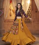 MUSTARD THREAD EMBROIDERED WITH MIRROR VISCOSE RAYON TRADITIONAL NAVRATRI FESTIVAL STITCHED LEHENGA CHOLI KOTI/SHRUG