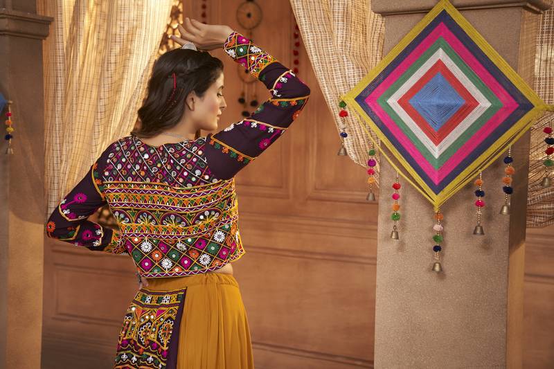 MUSTARD THREAD EMBROIDERED WITH MIRROR VISCOSE RAYON TRADITIONAL NAVRATRI FESTIVAL STITCHED LEHENGA CHOLI KOTI/SHRUG