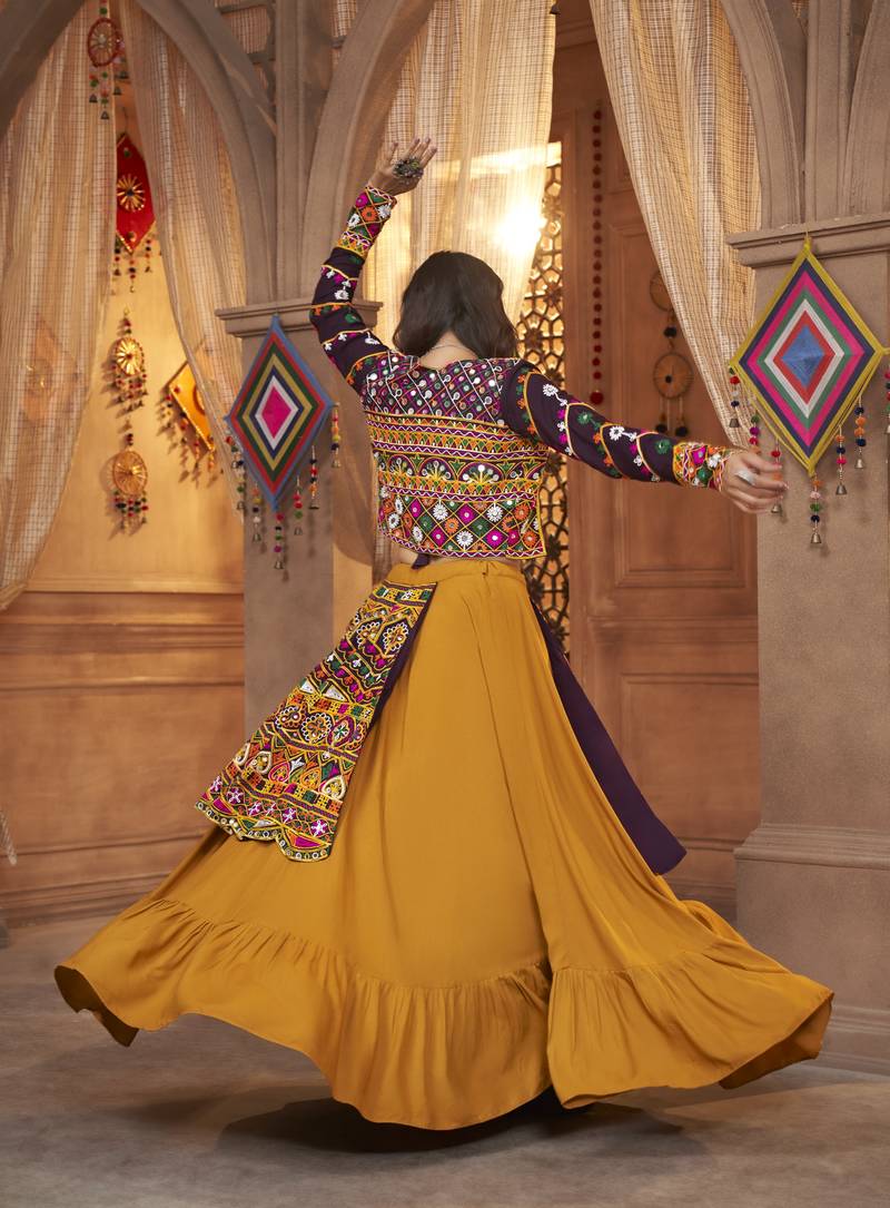 MUSTARD THREAD EMBROIDERED WITH MIRROR VISCOSE RAYON TRADITIONAL NAVRATRI FESTIVAL STITCHED LEHENGA CHOLI KOTI/SHRUG