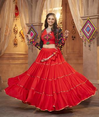 RED THREAD EMBROIDERED WITH MIRROR VISCOSE RAYON TRADITIONAL NAVRATRI FESTIVAL STITCHED LEHENGA CHOLI KOTI/SHRUG 1