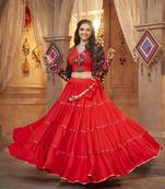 RED THREAD EMBROIDERED WITH MIRROR VISCOSE RAYON TRADITIONAL NAVRATRI FESTIVAL STITCHED LEHENGA CHOLI KOTI/SHRUG