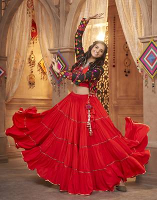 RED THREAD EMBROIDERED WITH MIRROR VISCOSE RAYON TRADITIONAL NAVRATRI FESTIVAL STITCHED LEHENGA CHOLI KOTI/SHRUG 3