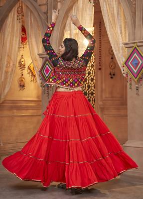 RED THREAD EMBROIDERED WITH MIRROR VISCOSE RAYON TRADITIONAL NAVRATRI FESTIVAL STITCHED LEHENGA CHOLI KOTI/SHRUG 4