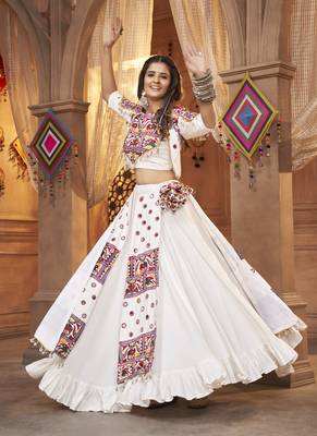 WHITE THREAD EMBROIDERED WITH MIRROR VISCOSE RAYON TRADITIONAL NAVRATRI FESTIVAL STITCHED LEHENGA CHOLI KOTI/SHRUG 1