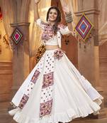 WHITE THREAD EMBROIDERED WITH MIRROR VISCOSE RAYON TRADITIONAL NAVRATRI FESTIVAL STITCHED LEHENGA CHOLI KOTI/SHRUG