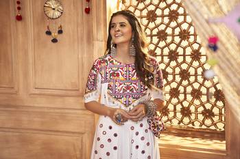 WHITE THREAD EMBROIDERED WITH MIRROR VISCOSE RAYON TRADITIONAL NAVRATRI FESTIVAL STITCHED LEHENGA CHOLI KOTI/SHRUG 3