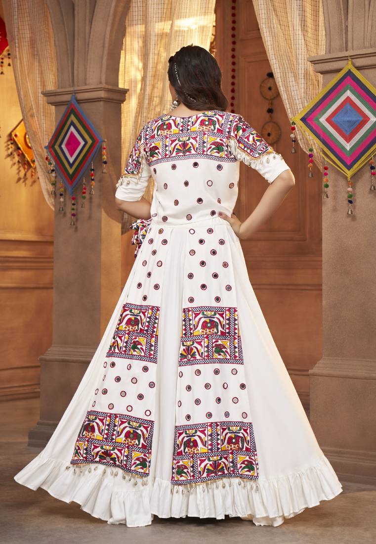 WHITE THREAD EMBROIDERED WITH MIRROR VISCOSE RAYON TRADITIONAL NAVRATRI FESTIVAL STITCHED LEHENGA CHOLI KOTI/SHRUG