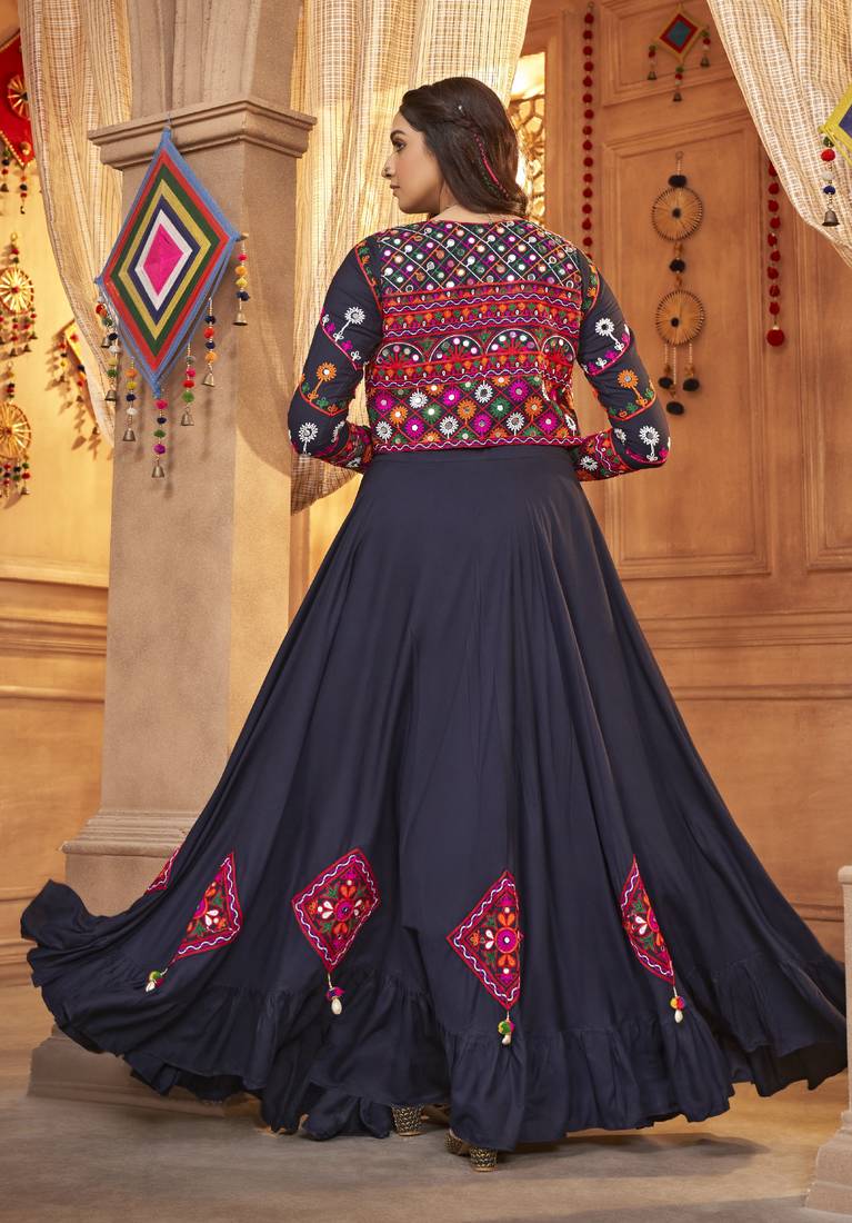 Navratri crafted Designer Viscose Rayon Tread Embroidered With Mirror Work Black Readymade Lehenga Choli