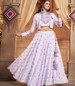 LAVENDER THREAD EMBROIDERED WITH MIRROR COTTON TRADITIONAL NAVRATRI FESTIVAL STITCHED LEHENGA CHOLI KOTI/SHRUG
