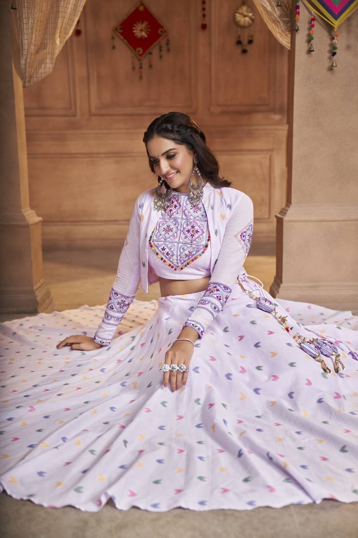 LAVENDER THREAD EMBROIDERED WITH MIRROR COTTON TRADITIONAL NAVRATRI FESTIVAL STITCHED LEHENGA CHOLI KOTI/SHRUG