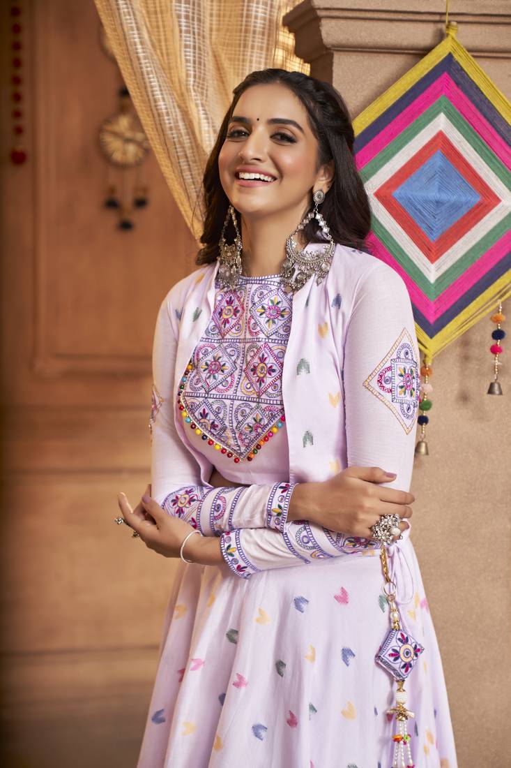 LAVENDER THREAD EMBROIDERED WITH MIRROR COTTON TRADITIONAL NAVRATRI FESTIVAL STITCHED LEHENGA CHOLI KOTI/SHRUG