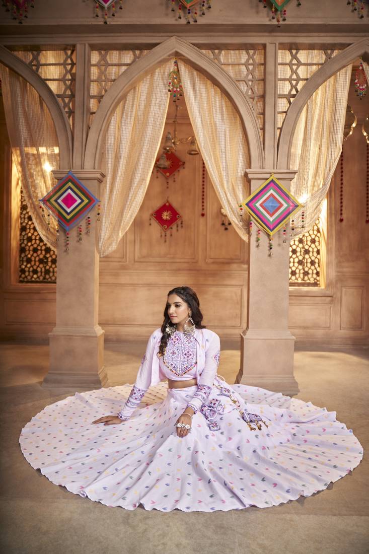 LAVENDER THREAD EMBROIDERED WITH MIRROR COTTON TRADITIONAL NAVRATRI FESTIVAL STITCHED LEHENGA CHOLI KOTI/SHRUG