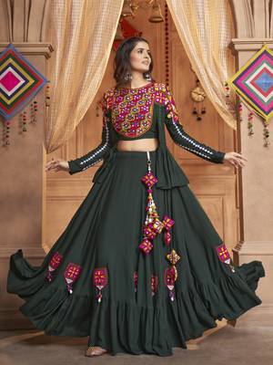 GREEN THREAD EMBROIDERED WITH MIRROR VISCOSE RAYON TRADITIONAL NAVRATRI FESTIVAL STITCHED LEHENGA CHOLI KOTI/SHRUG 1