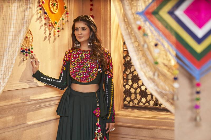 GREEN THREAD EMBROIDERED WITH MIRROR VISCOSE RAYON TRADITIONAL NAVRATRI FESTIVAL STITCHED LEHENGA CHOLI KOTI/SHRUG