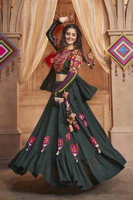 GREEN THREAD EMBROIDERED WITH MIRROR VISCOSE RAYON TRADITIONAL NAVRATRI FESTIVAL STITCHED LEHENGA CHOLI KOTI/SHRUG 4