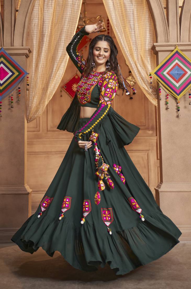 GREEN THREAD EMBROIDERED WITH MIRROR VISCOSE RAYON TRADITIONAL NAVRATRI FESTIVAL STITCHED LEHENGA CHOLI KOTI/SHRUG