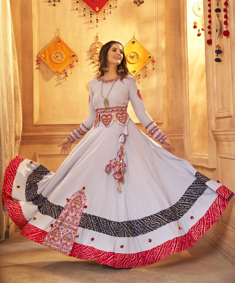 SKY BLUE THREAD EMBROIDERED WITH MIRROR VISCOSE RAYON TRADITIONAL NAVRATRI FESTIVAL STITCHED LEHENGA CHOLI