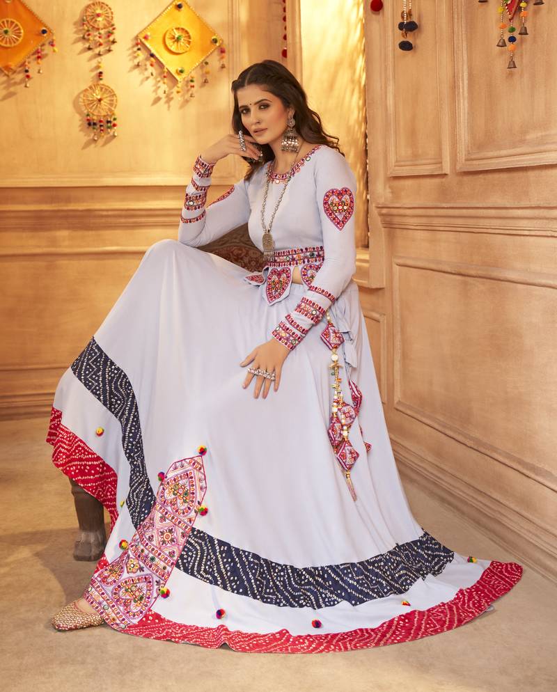 SKY BLUE THREAD EMBROIDERED WITH MIRROR VISCOSE RAYON TRADITIONAL NAVRATRI FESTIVAL STITCHED LEHENGA CHOLI