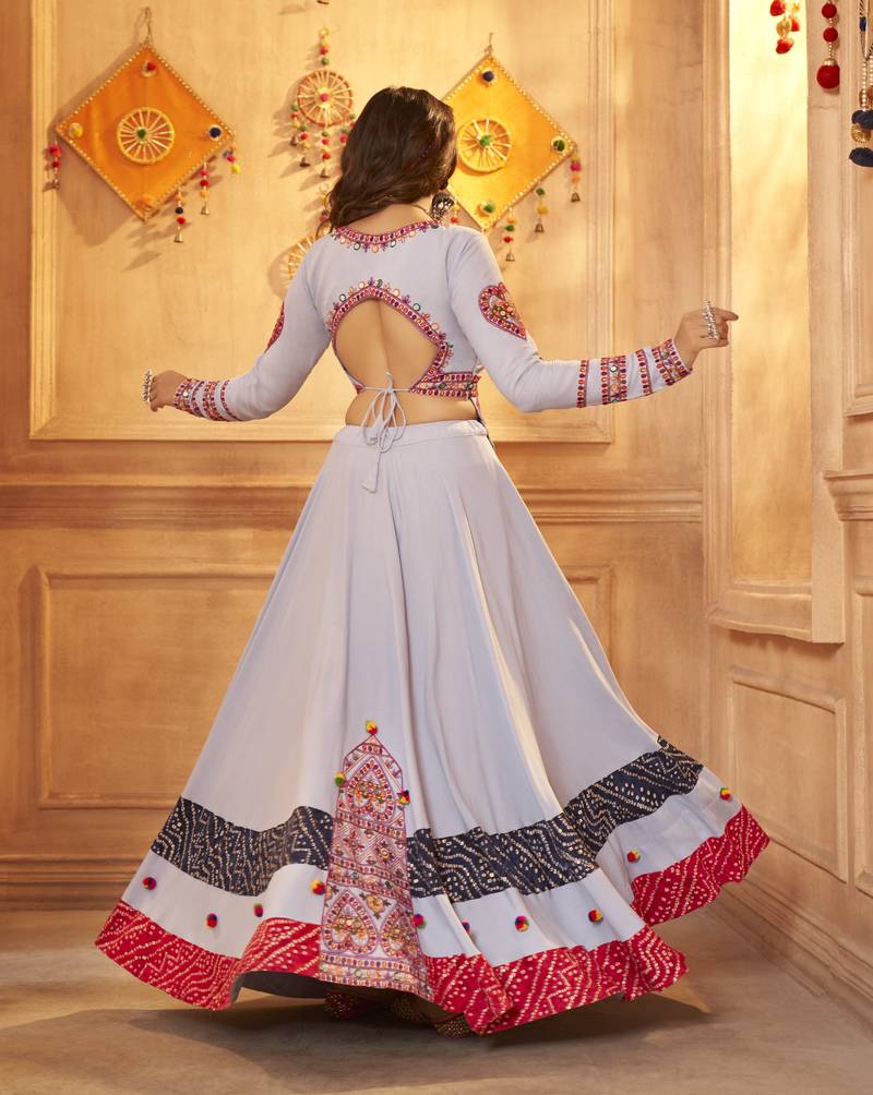 SKY BLUE THREAD EMBROIDERED WITH MIRROR VISCOSE RAYON TRADITIONAL NAVRATRI FESTIVAL STITCHED LEHENGA CHOLI