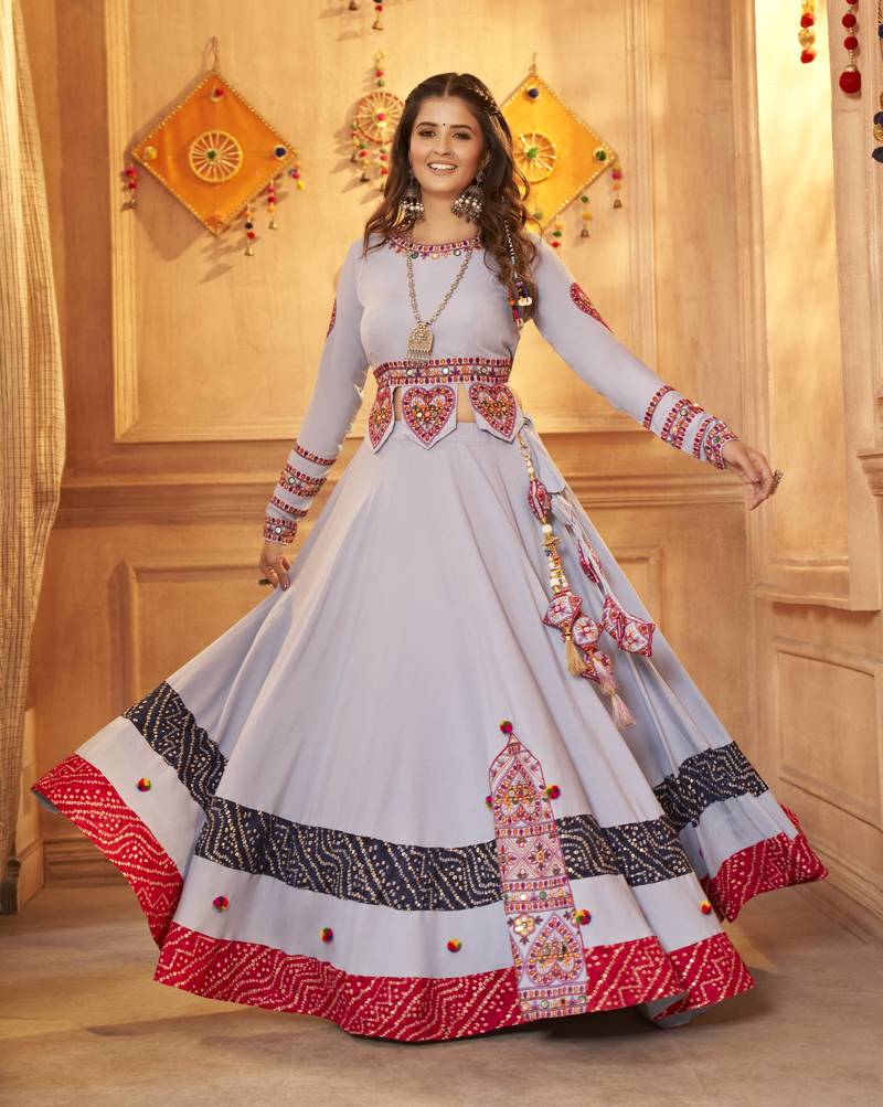 SKY BLUE THREAD EMBROIDERED WITH MIRROR VISCOSE RAYON TRADITIONAL NAVRATRI FESTIVAL STITCHED LEHENGA CHOLI