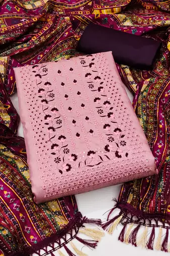 Women's pink unstitched heavy thread embrodiery with designer bandhani print dupatta zora silk dress material (mt508pnk)