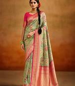 Light Olive Color Weaved Kalamkari From Banaras silk blend Saree With Blouse