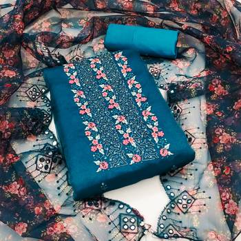Women's teal blue sequence embrodiery with designer digital print dupatta organza dress material 2